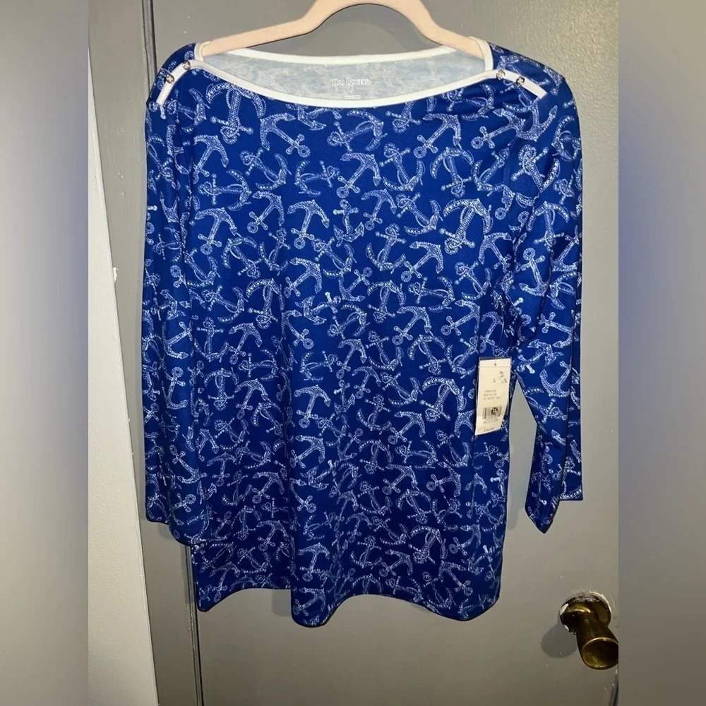 NWT Kim Rogers blue long sleeve shirt with white anchor designs, button accent